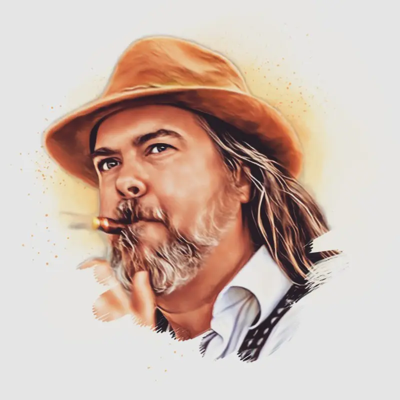 Illustration of man in hat with long hair, beard, smoking cigar