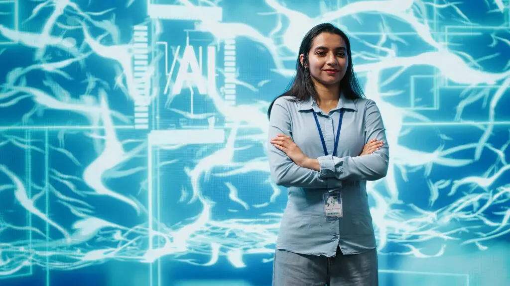 AI professional woman, arms crossed, neural network digital background