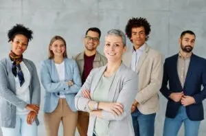 Diverse business team of six smiling professionals